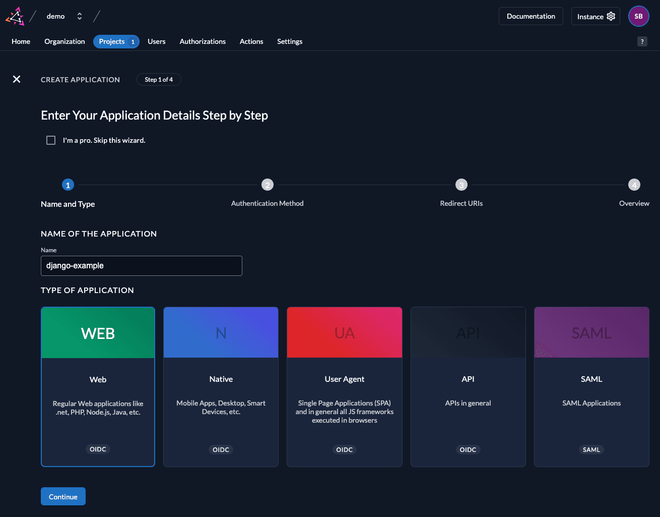 Create app in management console